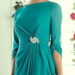 Cinderella Divine Teal Chiffon 3/4 Sleeve Embellished Dress